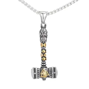 Detailed close-up of the stainless steel Viking Thor hammer pendant with Valknut symbol.