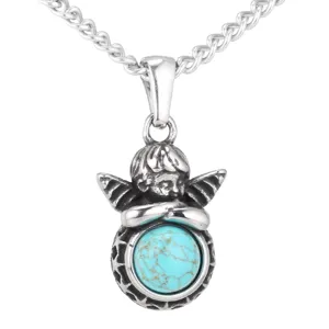 Edelstahl Engel Anhänger Halskette mit Türkis Stein, Retro Punk Stil Kette Schmuck.