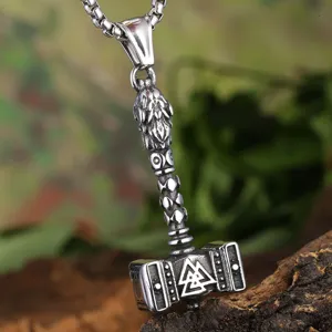 Stainless steel Viking Thor's hammer pendant necklace with Valknut symbol for men.