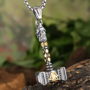 Stainless steel Thor hammer pendant necklace with wolf head and Valknut symbol for men detail shot