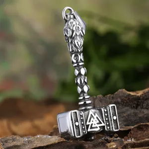 Stainless steel Viking Thor hammer pendant with wolf head and Valknut symbol for men.