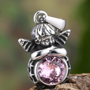 Edelstahl Engel Anhänger Halskette mit rosa Kristall Stein für Damen und Herren Schmuck.