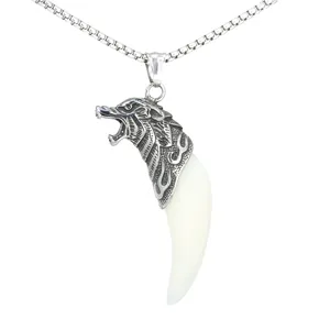 Men's Wolf Tooth Pendant Necklace Trendy Silver Wolf Head Box Chain Jewelry Accessory Main
