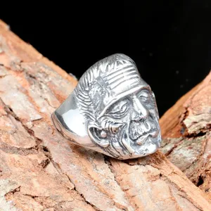 Men stainless steel punk monster ring detail shot, retro gothic biker jewelry design.