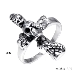 Retro roestvrij staal slang schedel ring voor heren, stoere biker titanium sieraden.