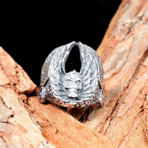Vintage gothic skull wing ring for men, crafted from durable titanium steel with detailed.