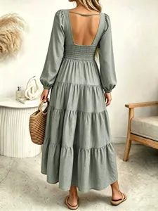 Elegant French style backless long sleeve tiered midi dress for women, slim fit autumn wear.