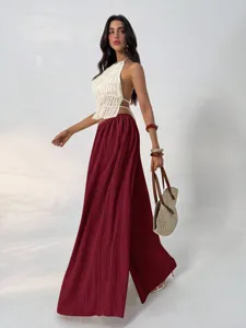 French crinkled high-waisted wide-leg trousers women casual loose wine red pants detail view
