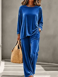 Royal blue velvet lounge set with a comfortable top and long pants for daily wear.
