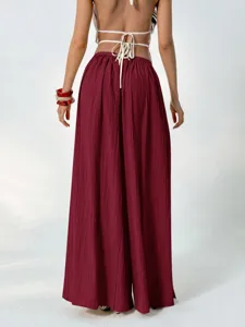 Burgundy French pleated high waist wide leg pants for women, loose casual drape trousers.