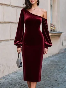 Women off-shoulder velvet long sleeve slim dress elegant fall fashion party wear outfit