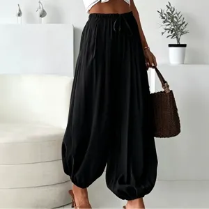 Pantalon lanterne noir d'été décontracté, pantalon harem ample à cordon taille haute.