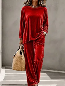 Red velvet tracksuit set women casual crewneck long sleeve top and wide leg pants outfit.