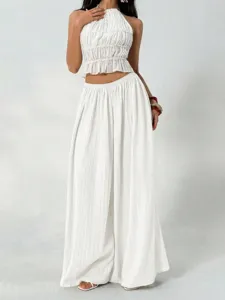 French style pleated two-piece set wide leg pants and crop top for women casual wear