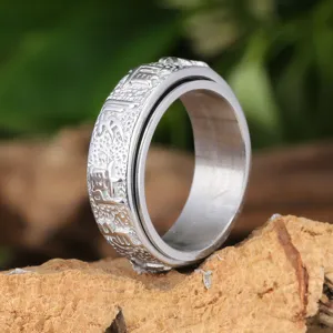 Vintage spinner ring for men with carved mantra Tibetan script, stylish rotating ring jewelry.