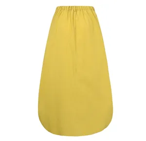 Close-up view of the yellow high waist flared maxi skirt detail, soft fabric texture.