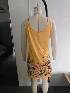 Femme été jaune imprimé floral robe nuisette décontractée sexy col en V mini robe