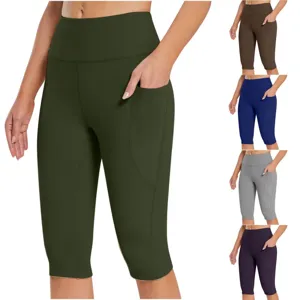 Women high waist yoga shorts side pockets gym activewear capri leggings casual workout pants