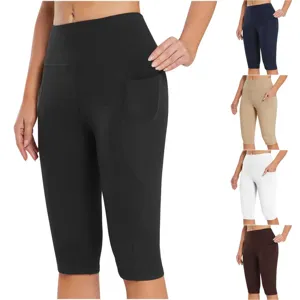 Women high waist yoga shorts with side pockets solid color workout gym capri leggings