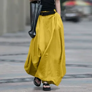 Women's Elegant High Waist A-Line Maxi Skirt Loose Big Swing Cotton Linen Blend Solid Color Long Skirt With Pockets For Daily Casual Dancing