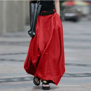 Women Red Long Skirt High Waist A-Line Casual Maxi Skirt Elegant Loose Streetwear Apparel