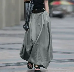 Detailed view of the women grey maxi skirt, high waist casual A-line long skirt for daily wear.