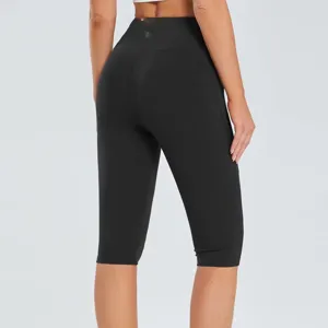 High waist yoga capri leggings for women, black athletic fitness workout pants with pockets.