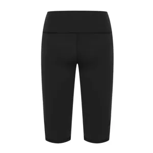 Detailed view of high waist black yoga capri pants, featuring stretchy fabric for gym.