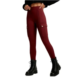 Women's high waist cargo leggings pocket button yoga pants slim fit fitness athletic trousers