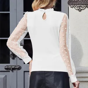 Camicetta bianca maniche lunghe tulle pois collo alto elegante top donna dettaglio schiena