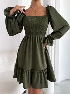 Green square neck long sleeve smocked ruffle hem mini dress for women elegant fashion style