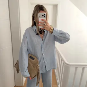 Camicetta da Donna a Righe a Maniche Lunghe con Intaglio a Cuore sul Retro Camicia in Poliestere Monopetto Casual Streetwear