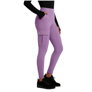 Detail view of women's purple high-waist cargo yoga pants featuring side pockets and buttons.