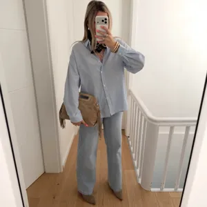 Donna camicia a righe blu bianco maniche lunghe con bottoni casual top elegante chic