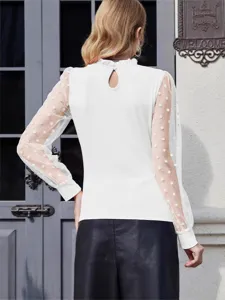 Camicetta donna collo alto tulle trasparente pois maniche lunghe elegante top bianco moda