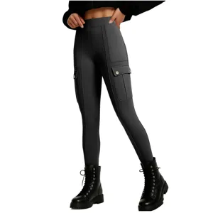 Women high waist cargo leggings with button pockets breathable naked feel yoga pants.