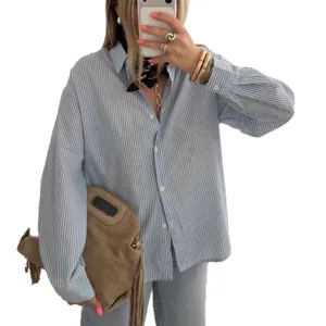 Donna camicia a righe blu e bianca manica lunga elegante casual stile top moda chic