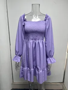 Purple long sleeve dress with square neck and smocked bodice for women elegant style