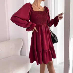 French vintage style women's wine red long sleeve square neck smocked ruffle hem mini dress