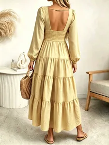 French elegant long sleeve backless maxi dress with tiered skirt design for autumn daily wear.