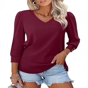 Womens V-Neck Button Puff 3/4 Sleeve Casual Blouse Loose Cotton Blend Summer Top