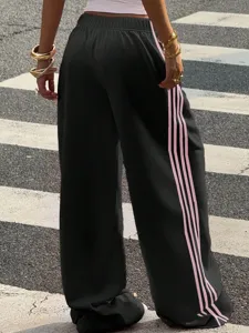 Women autumn loose wide leg sweatpants black knit pants with pink side stripes casual pants