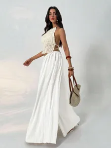 French pleated wide leg pants and halter top set, high waist casual draped trousers for women.