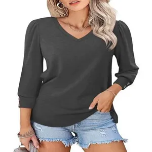 Women Casual V-Neck Puff Sleeve Solid Color Loose Top with Button Cuff Details Daily Wear