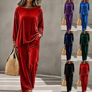 Women Velvet Two Piece Set Casual Round Neck Pullover Long Sleeve Top And Wide Leg Pants Solid Color Velour Tracksuit Outfit