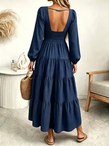 Women's long sleeve backless tiered maxi dress casual elegant navy blue vacation wear