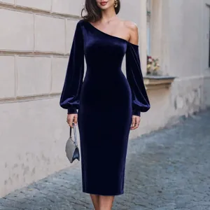 Elegant one-shoulder velvet midi dress for women, slim fit long sleeve evening party dress.