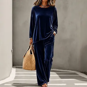 Women velvet tracksuit set long sleeve crewneck top and wide leg pants casual outfit