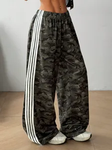 Women camouflage wide leg sweatpants with white side stripes, casual loose fit long pants view.