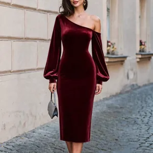 Elegant women's off shoulder long sleeve velvet midi dress for autumn party chic fashion.